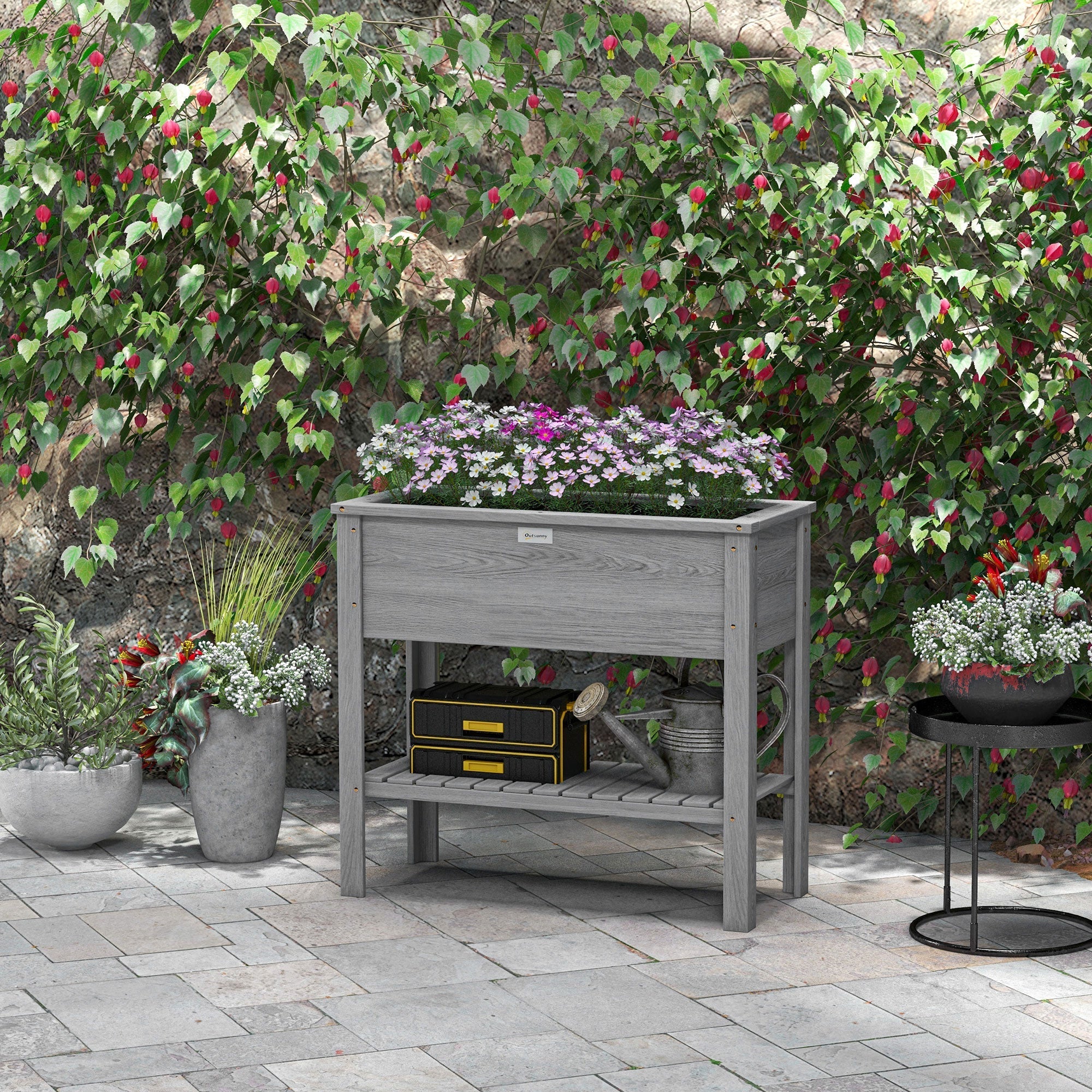 Outsunny Elevated Planter Paradise: Raised Bed Box with Shelf for Flowers, Vegetables, and Planter Box, Drain Holes, 36