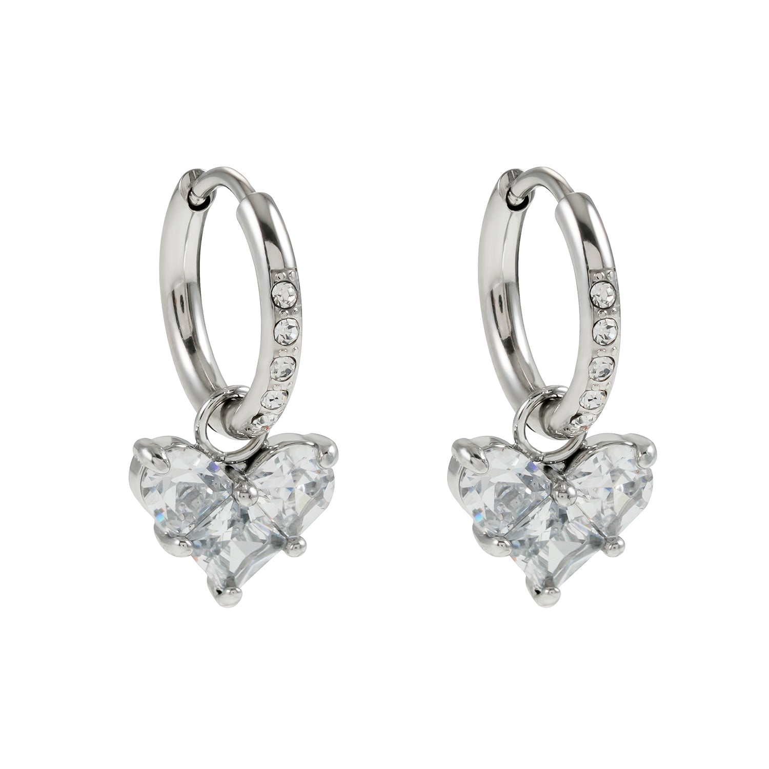 CREEDA Or Blanc (Ton Argenté) : Boucles d'oreilles vintage serties de zircons avec breloque en forme de cœur en moissanite.