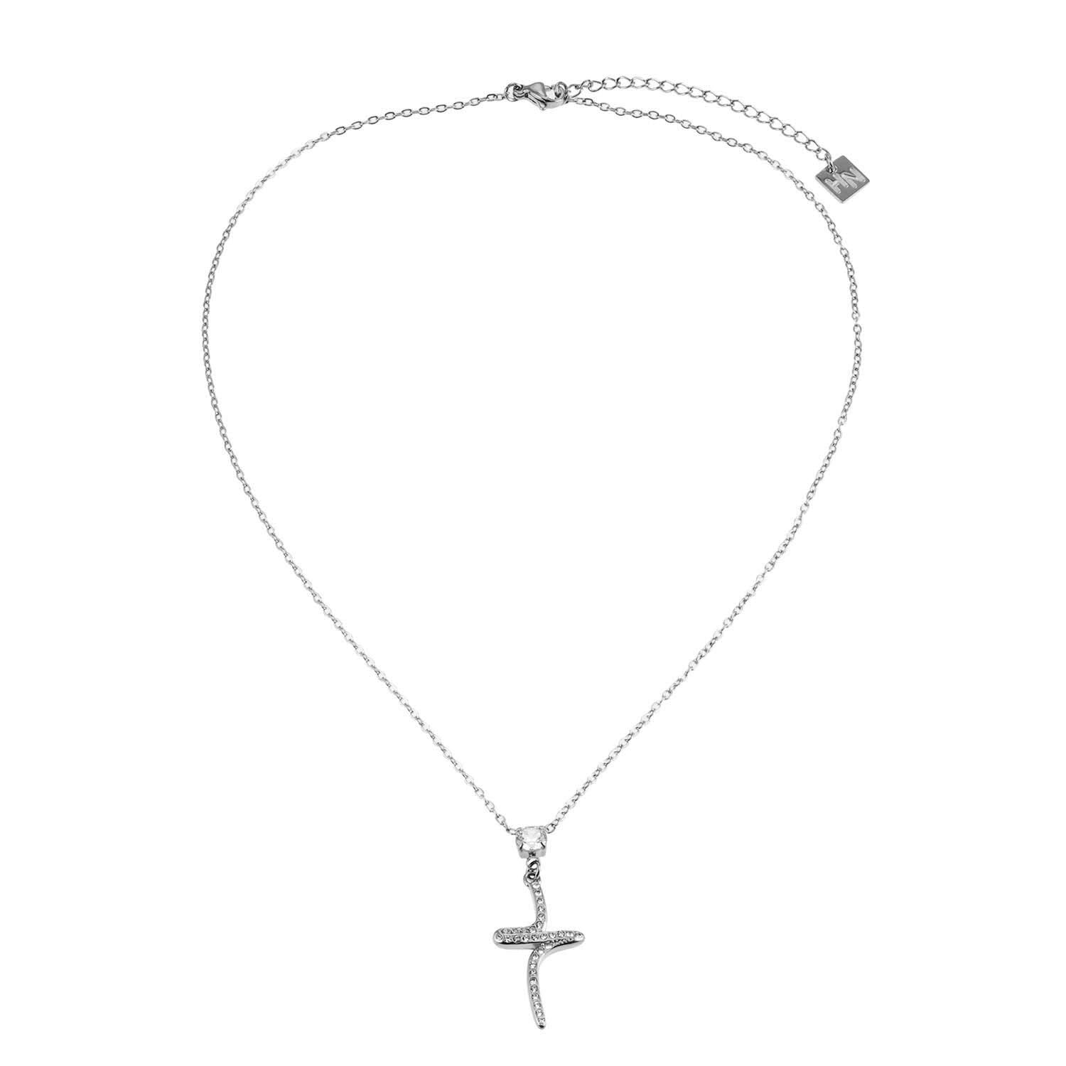 CRISTO Argent (Or Blanc) : Collier à fine chaîne avec pendentif croix abstraite texturée sertie de zircone.