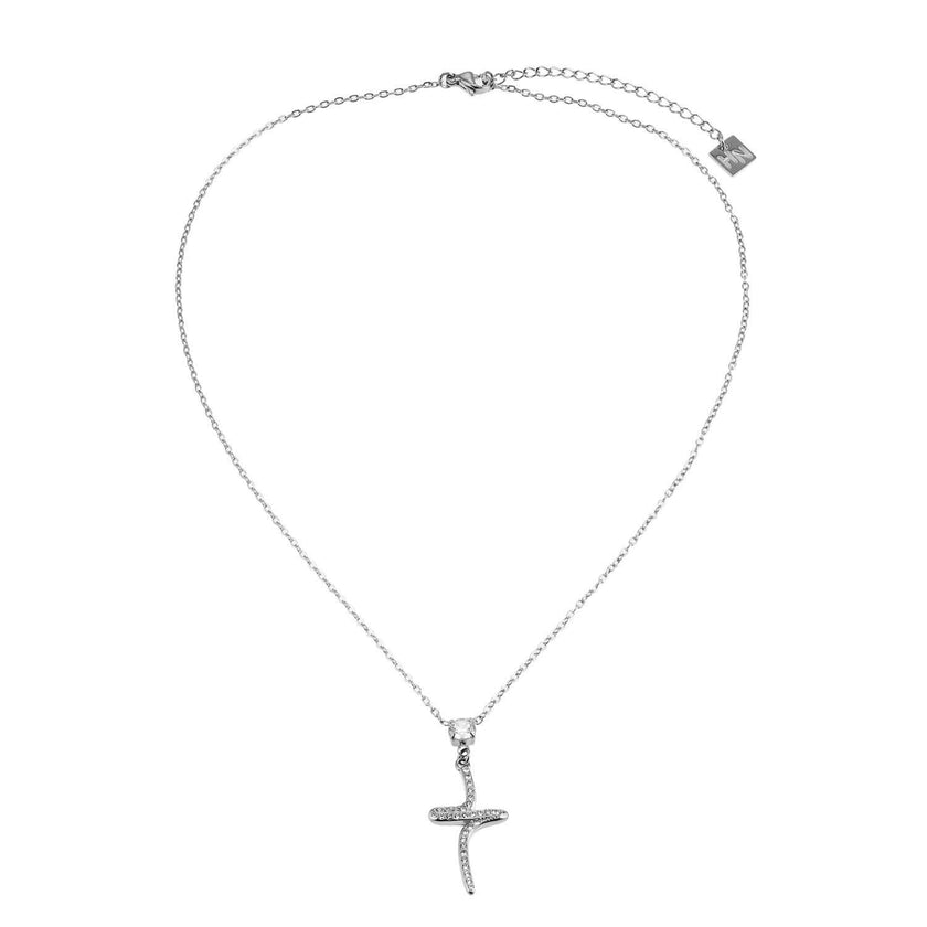 CRISTO Argent (Or Blanc) : Collier à fine chaîne avec pendentif croix abstraite texturée sertie de zircone.