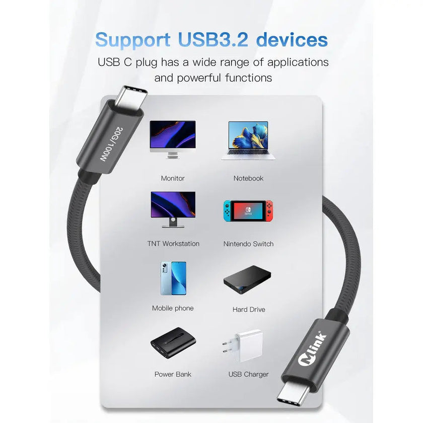 Câble USB-C Thunderbolt 3.2 PD100W 20 Gbit/s en nylon tressé