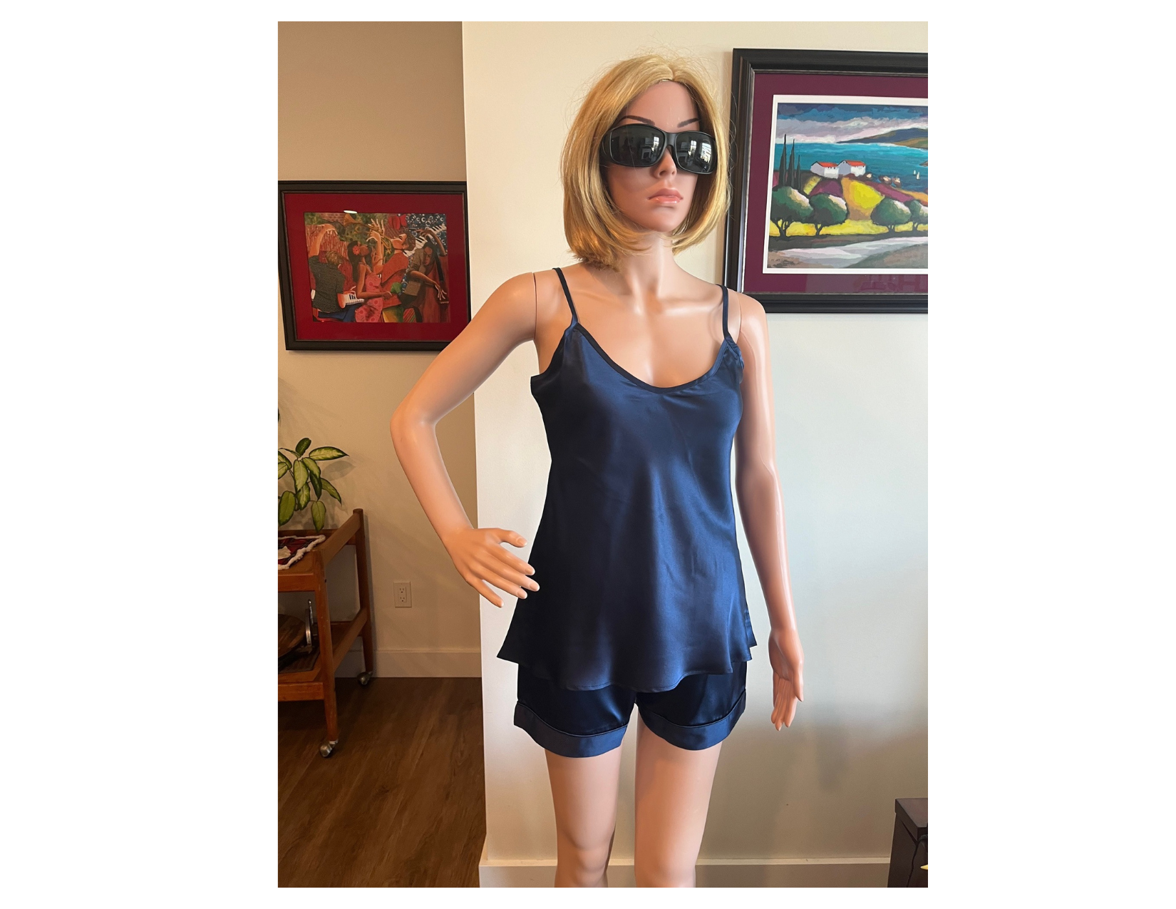 Women's Mulberry Silk Camisole and Boxer Pajama Set Navy Blue