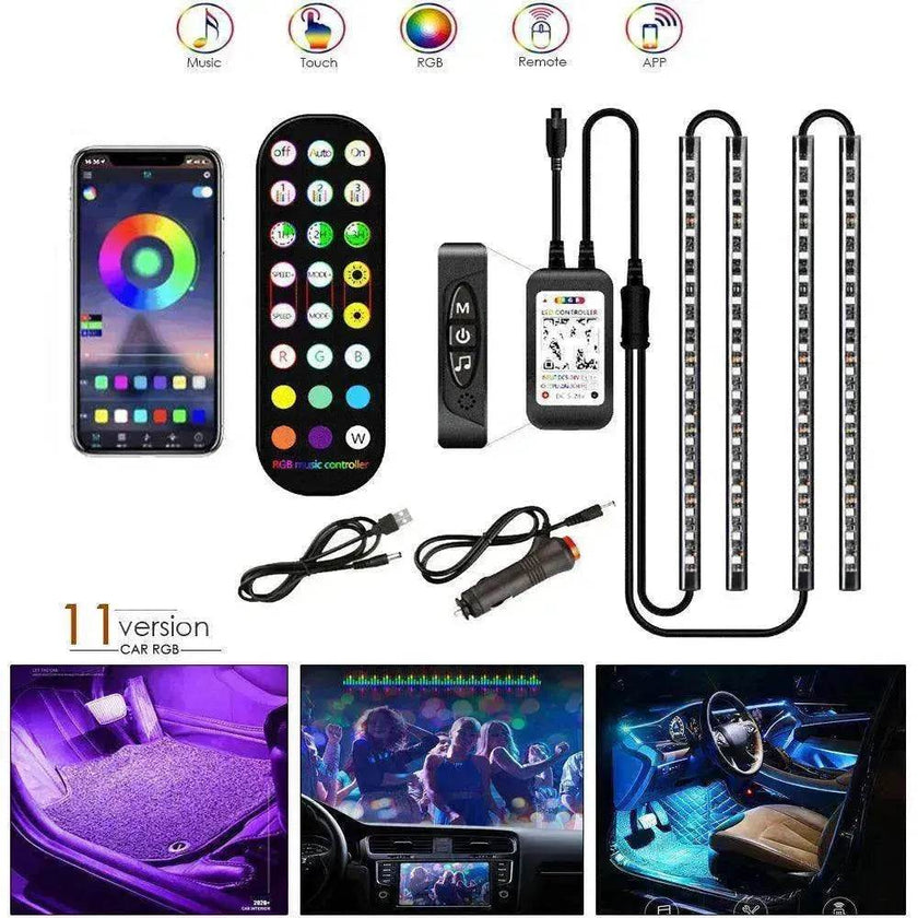 Car RGB Strip Lights: Wireless Music Control, Waterproof LED, Remote.