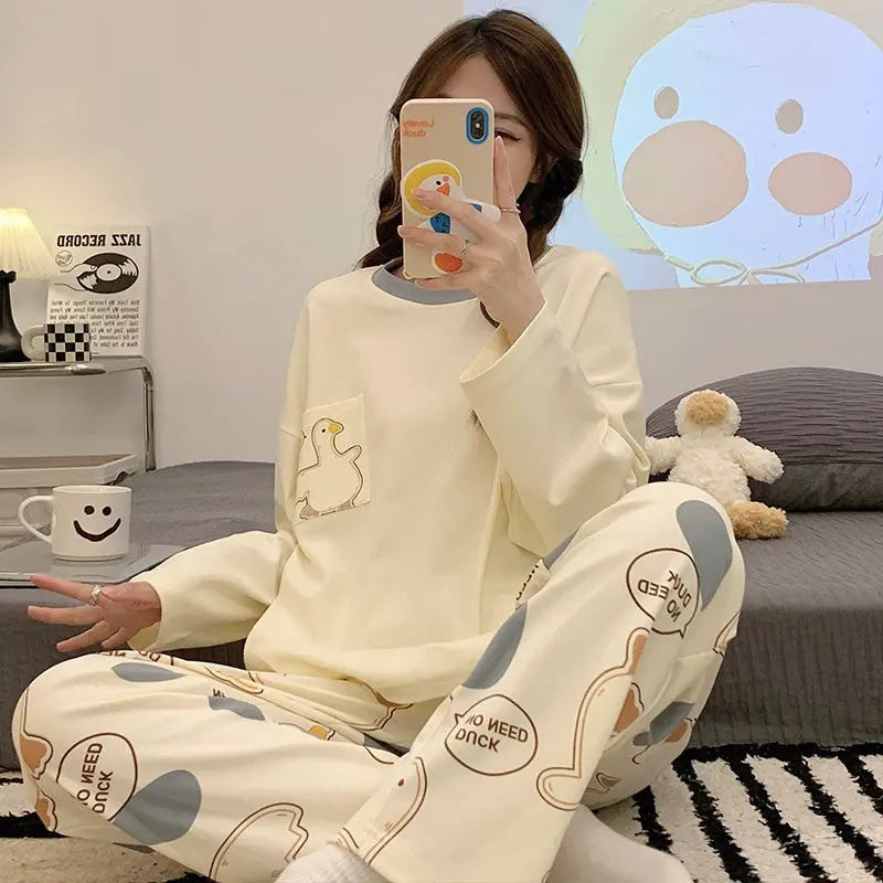 Cartoon Loose And Cute Long-sleeved Pajamas For Women Spring Autumn Set Casual Homewear Outerwear