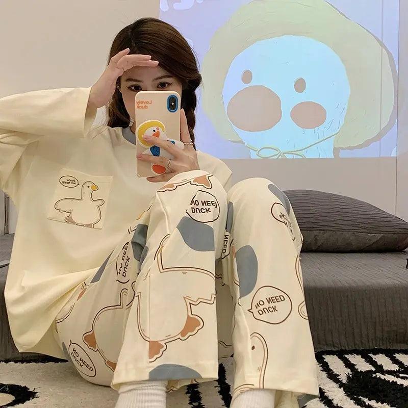 Cartoon Loose And Cute Long-sleeved Pajamas For Women Spring Autumn Set Casual Homewear Outerwear