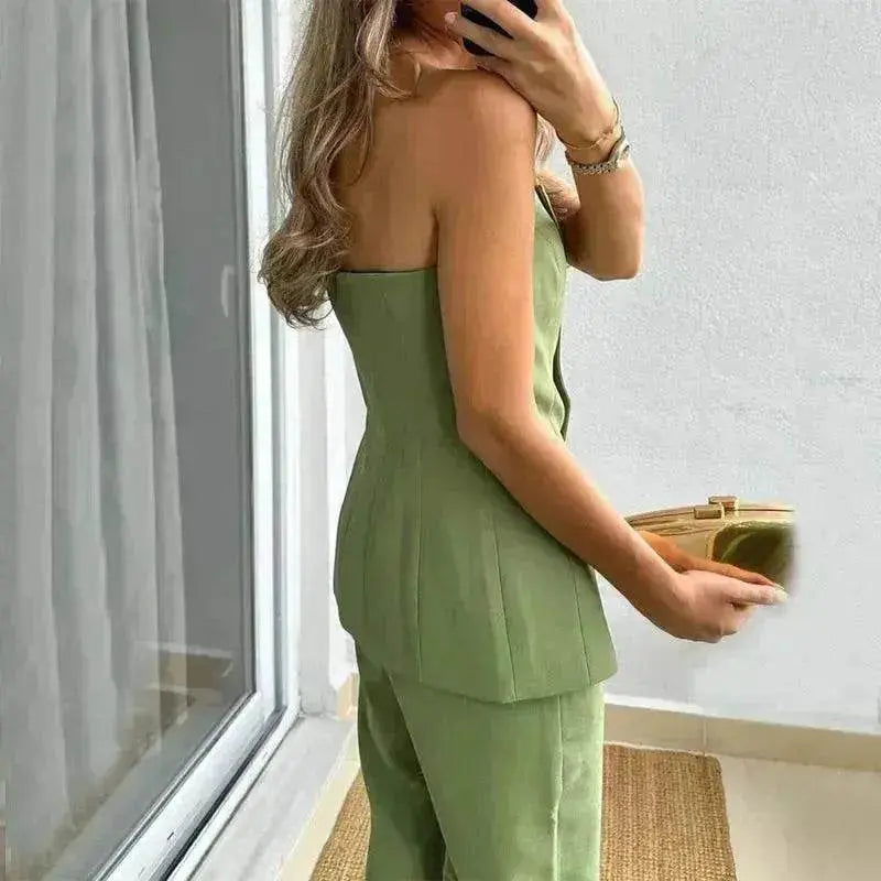 Casual Fashion Tailored Suit Button Graceful Tube Top Suit Pants
