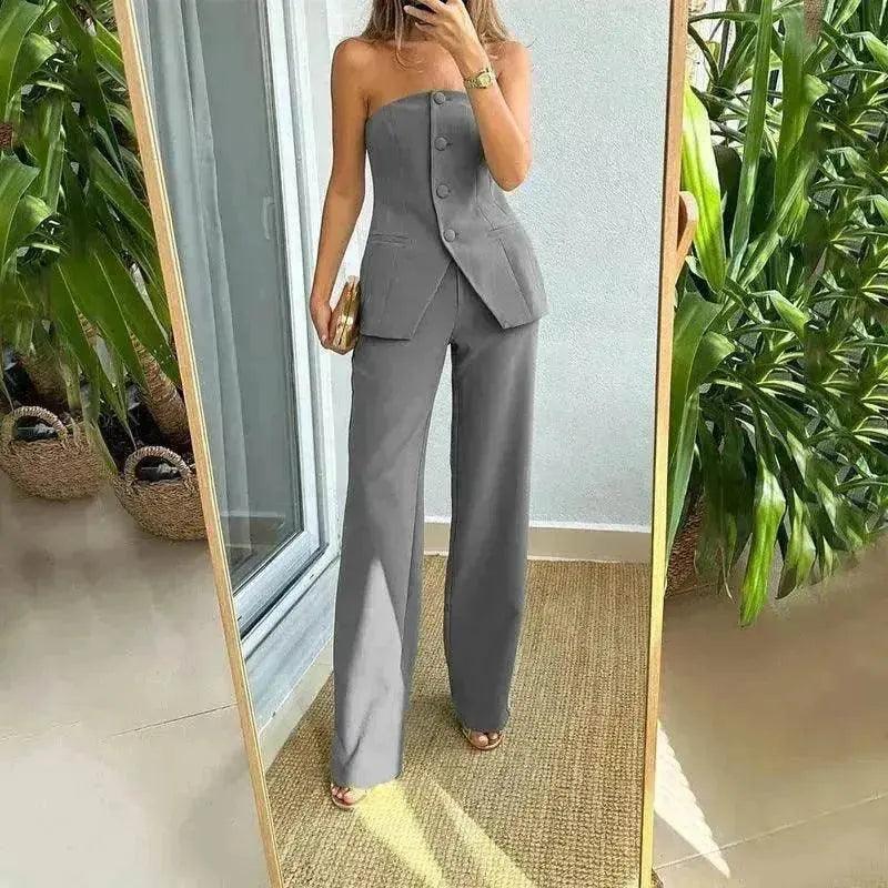 Casual Fashion Tailored Suit Button Graceful Tube Top Suit Pants