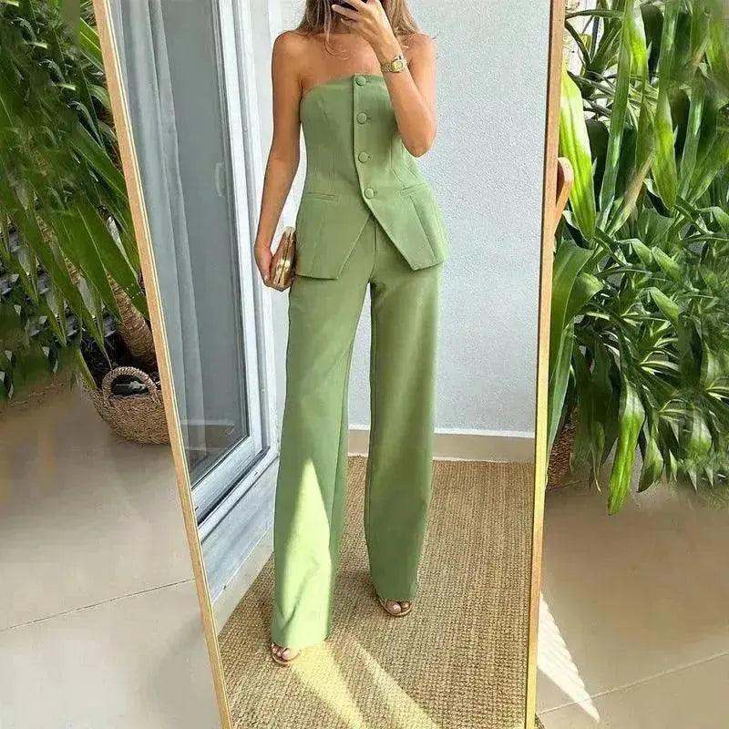 Casual Fashion Tailored Suit Button Graceful Tube Top Suit Pants