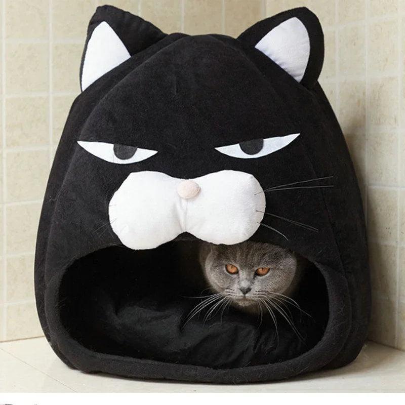 Grumpy Cat Face Enclosed Pet Bed – Novelty Cat House Nest (Black, S/M)
