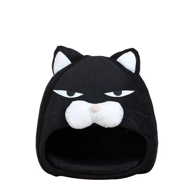Grumpy Cat Face Enclosed Pet Bed – Novelty Cat House Nest (Black, S/M)