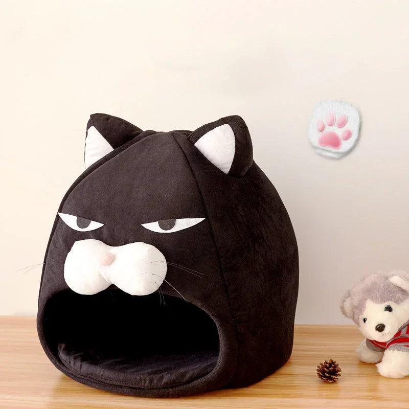 Grumpy Cat Face Enclosed Pet Bed – Novelty Cat House Nest (Black, S/M)