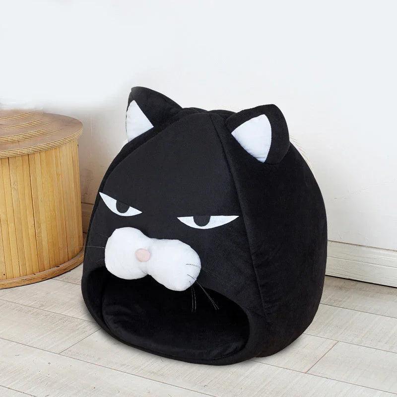 Grumpy Cat Face Enclosed Pet Bed – Novelty Cat House Nest (Black, S/M)