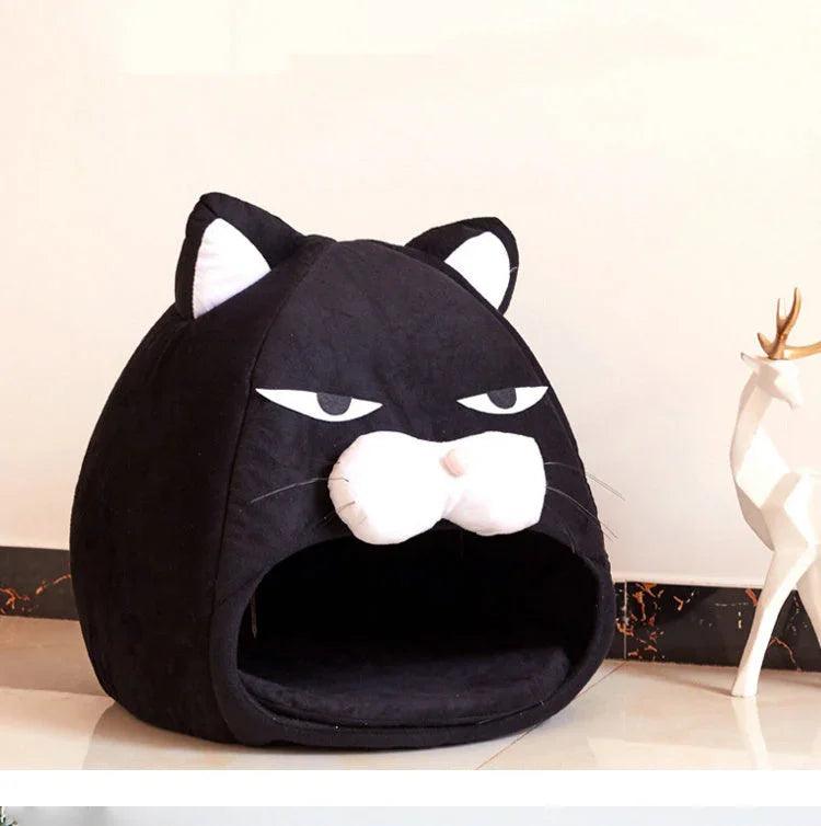 Grumpy Cat Face Enclosed Pet Bed – Novelty Cat House Nest (Black, S/M)