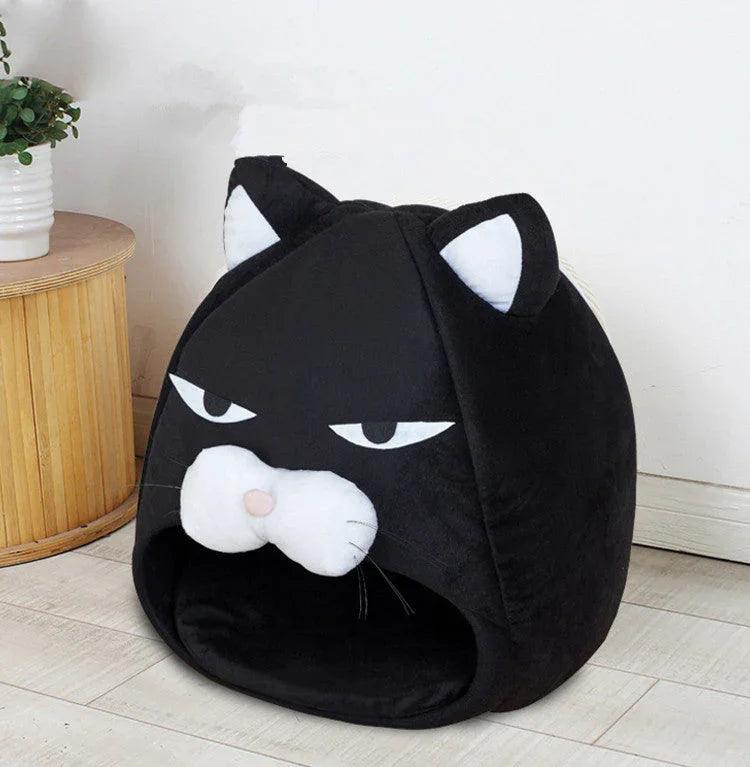 Grumpy Cat Face Enclosed Pet Bed – Novelty Cat House Nest (Black, S/M)