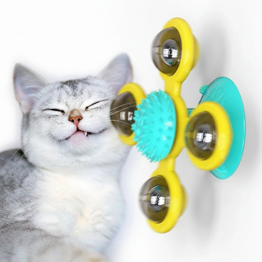 Cat Windmill Spinning Turntable Interactive Toy — Suction Cup, Catnip Ball, Teeth Grinding