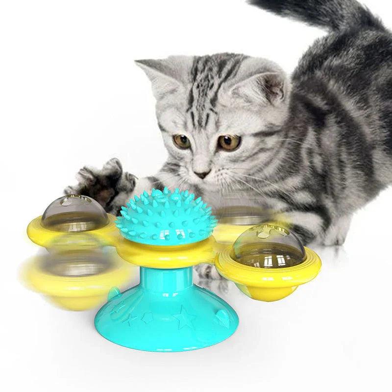 Cat Windmill Spinning Turntable Interactive Toy — Suction Cup, Catnip Ball, Teeth Grinding