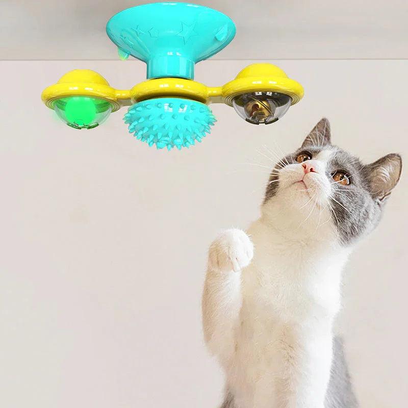 Cat Windmill Spinning Turntable Interactive Toy — Suction Cup, Catnip Ball, Teeth Grinding