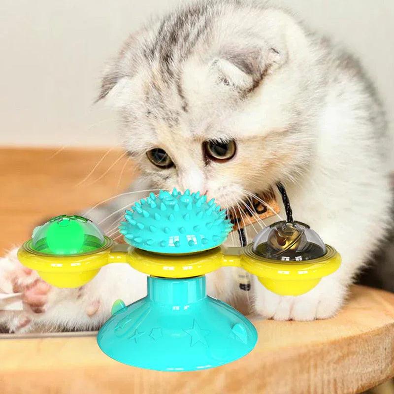 Cat Windmill Spinning Turntable Interactive Toy — Suction Cup, Catnip Ball, Teeth Grinding