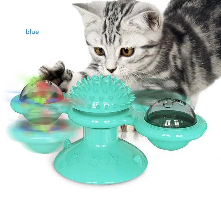 Cat Windmill Spinning Turntable Interactive Toy — Suction Cup, Catnip Ball, Teeth Grinding