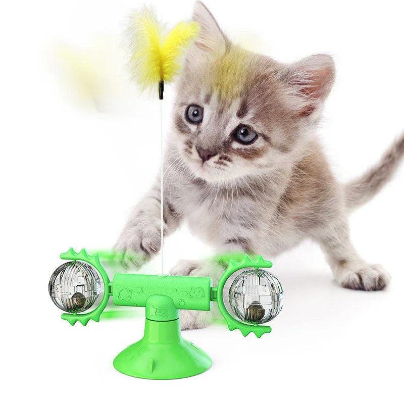 Cat Windmill Spinning Turntable Interactive Toy — Suction Cup, Catnip Ball, Teeth Grinding
