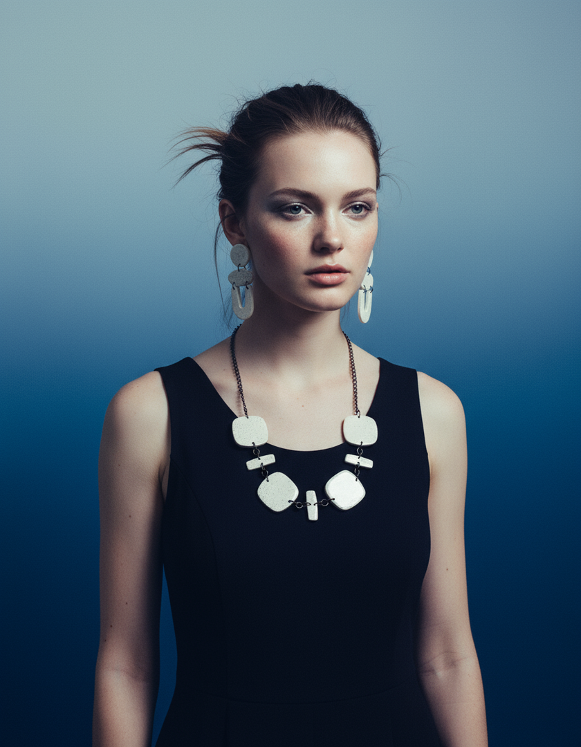 Long White Beaded Necklace Handmade from Clay & Beach Sand