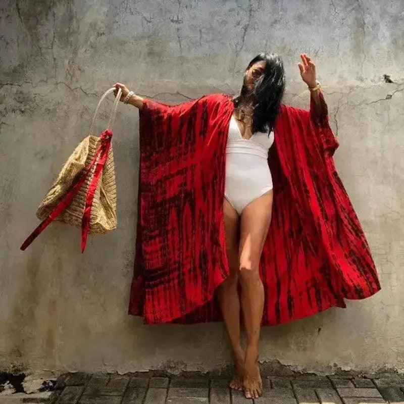 Women's Boho Printed Fringed Long Kimono Cover-Up – Plus Size Beach Wear