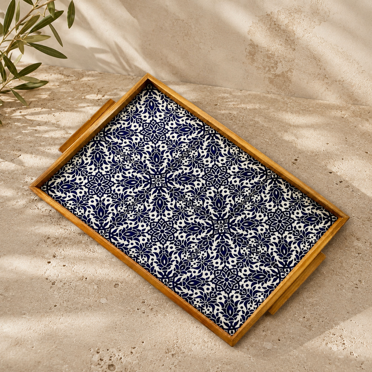 Palestinian Olive Wood & Ceramic Serving Tray 24x45cm – Handmade Tableware Decor