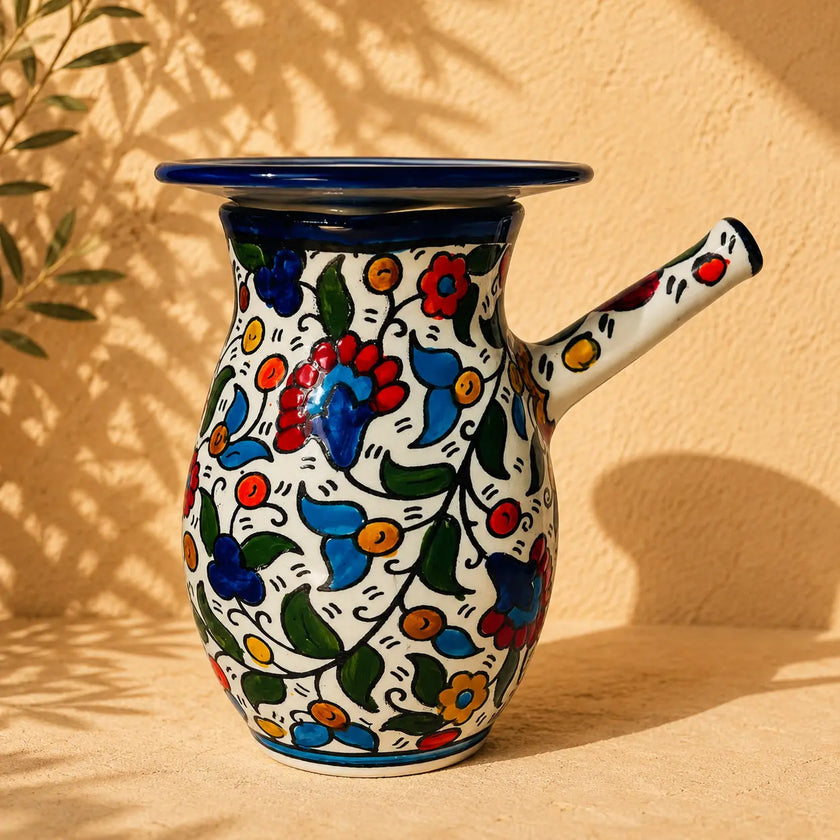Rakwa -Handmade Palestinian Ceramic Coffee Pot with Lid – Traditional Arabic & Turkish Coffee Serving Pot