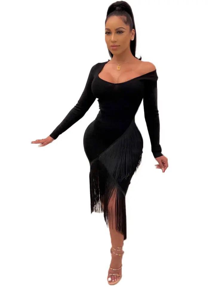 Chic Long Sleeve Tassel Fringed Bodycon Dress