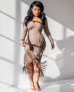 Chic Long Sleeve Tassel Fringed Bodycon Dress