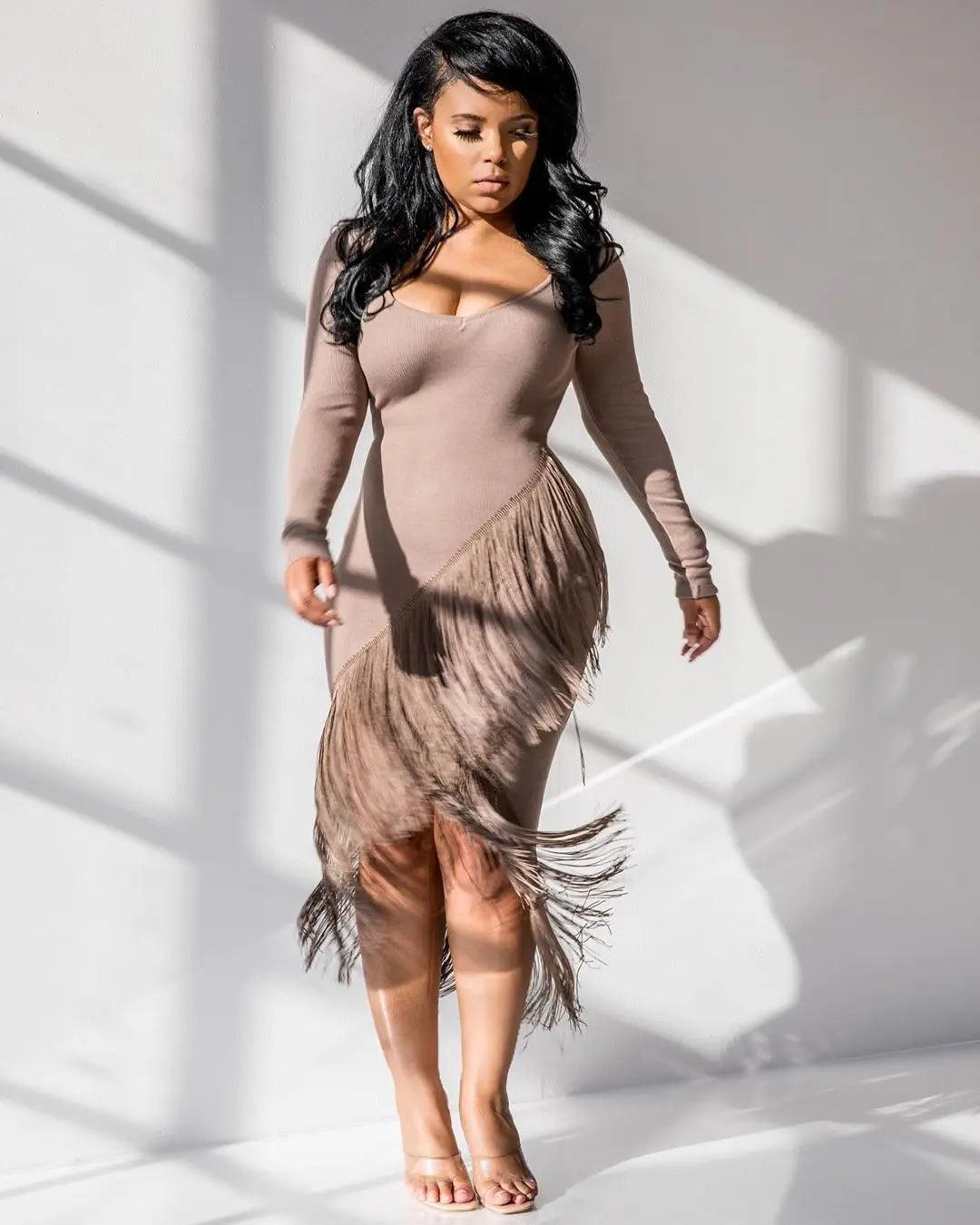 Chic Long Sleeve Tassel Fringed Bodycon Dress
