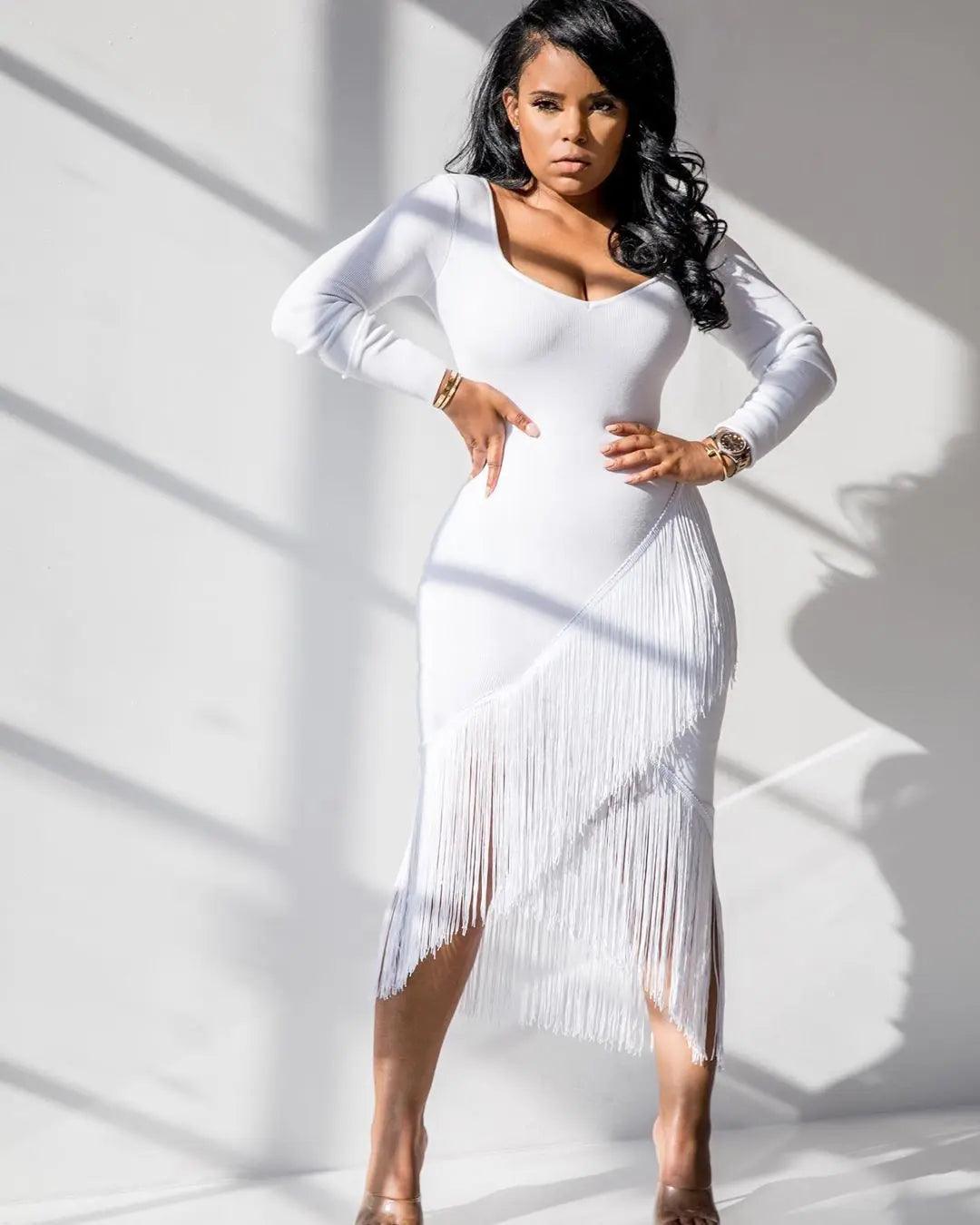 Chic Long Sleeve Tassel Fringed Bodycon Dress