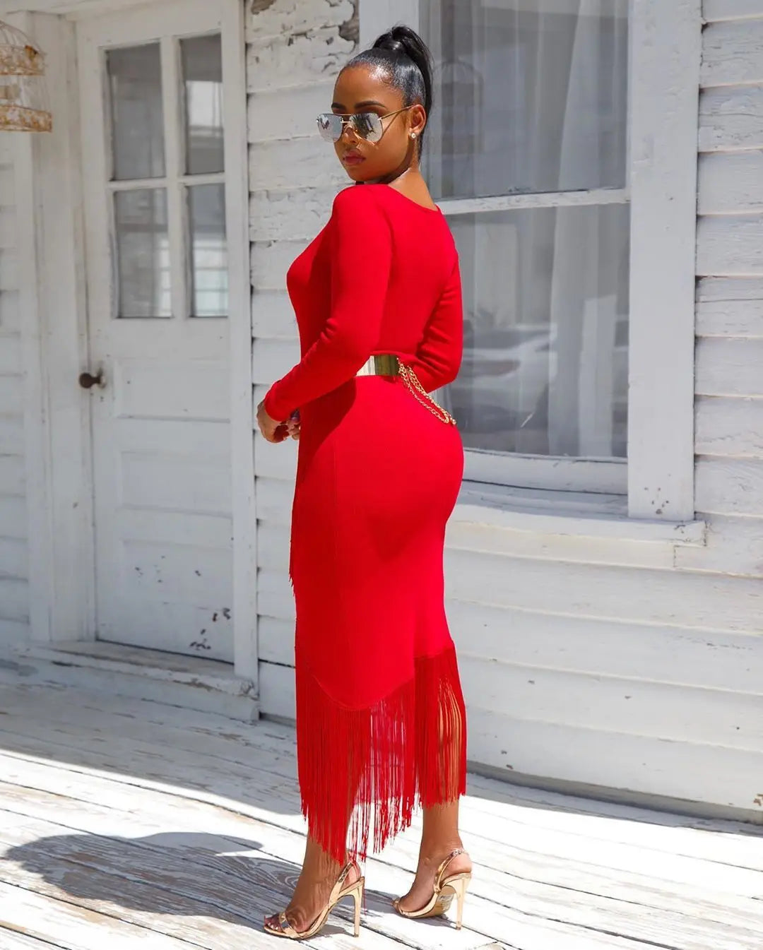 Chic Long Sleeve Tassel Fringed Bodycon Dress