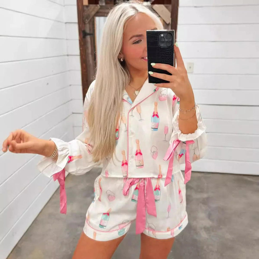 Christmas Bow Long Sleeve and Shorts 2pcs Women Pajamas