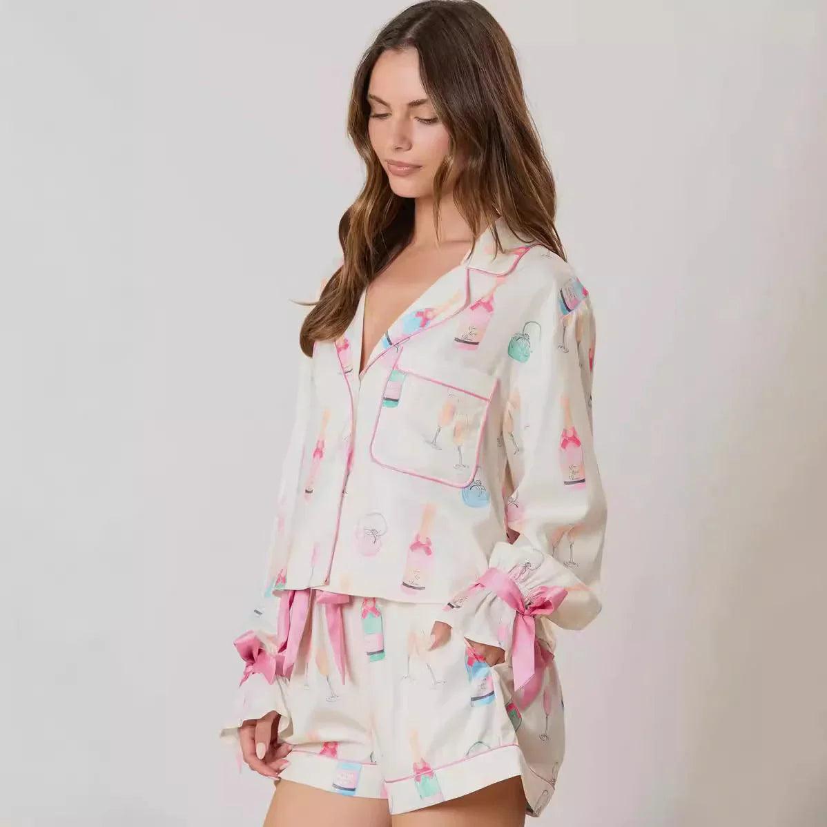 Christmas Bow Long Sleeve and Shorts 2pcs Women Pajamas