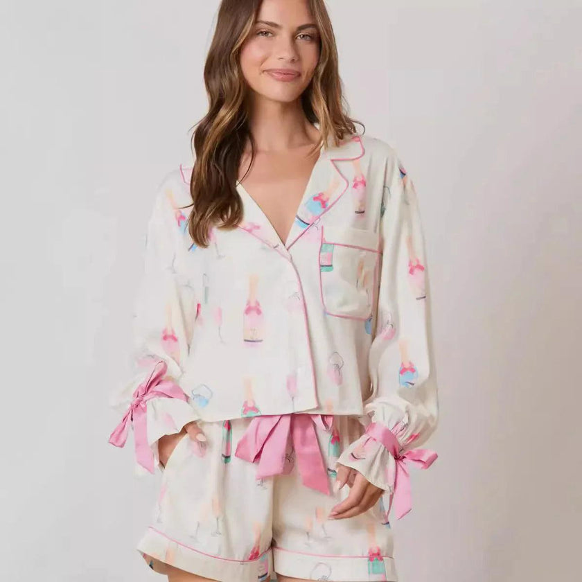 Christmas Bow Long Sleeve and Shorts 2pcs Women Pajamas