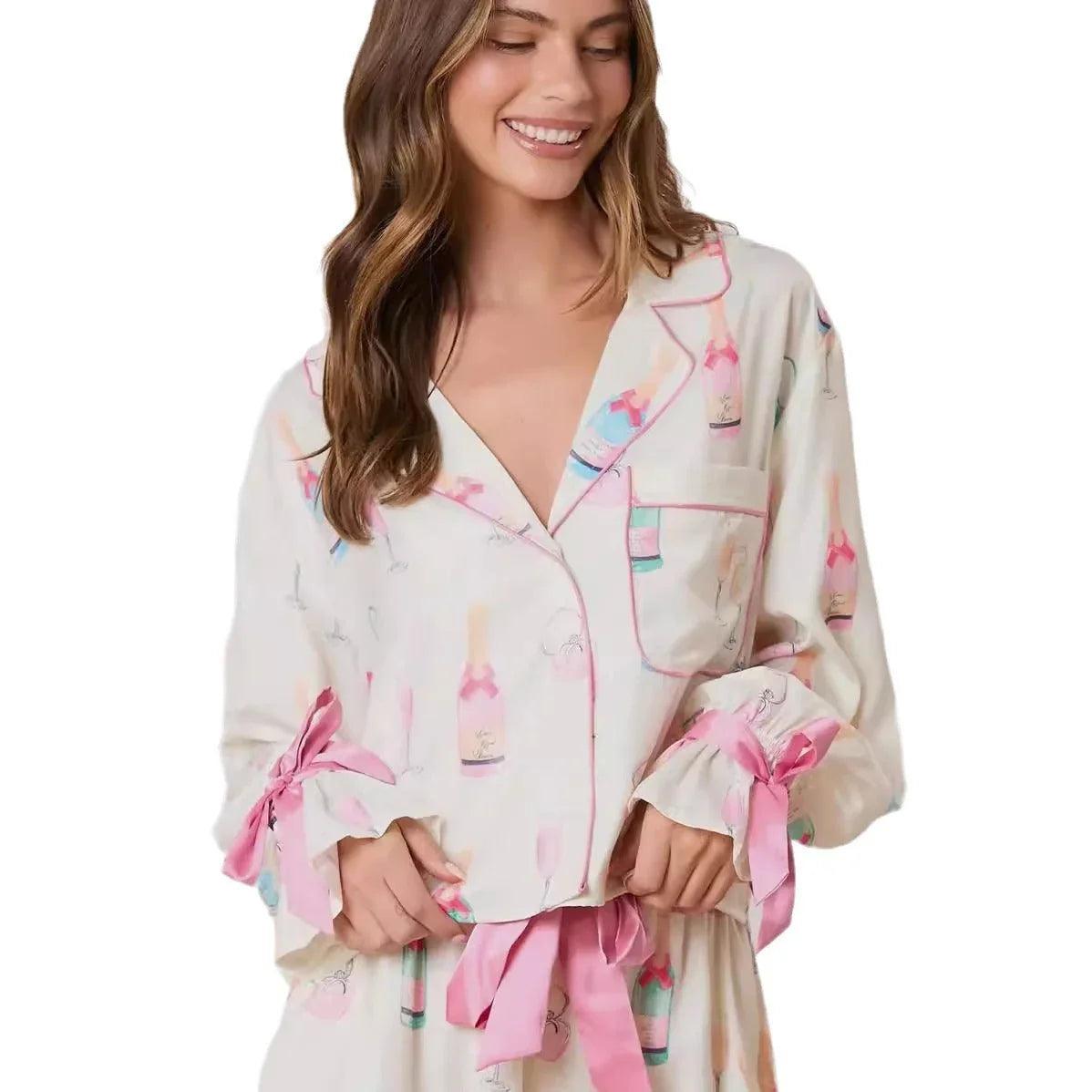Christmas Bow Long Sleeve and Shorts 2pcs Women Pajamas