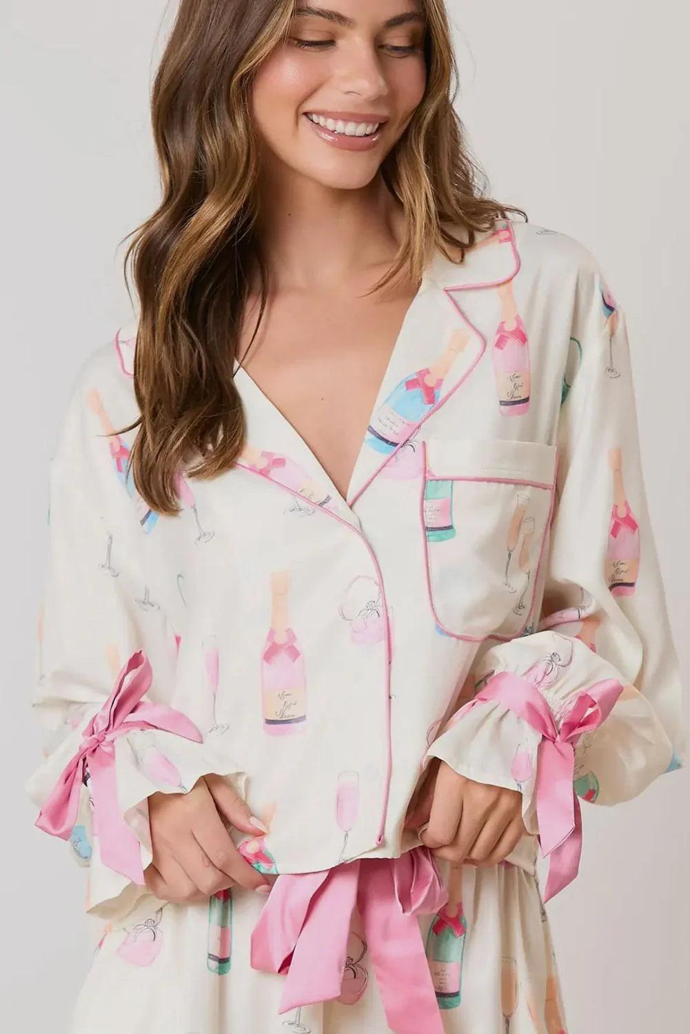 Christmas Bow Long Sleeve and Shorts 2pcs Women Pajamas