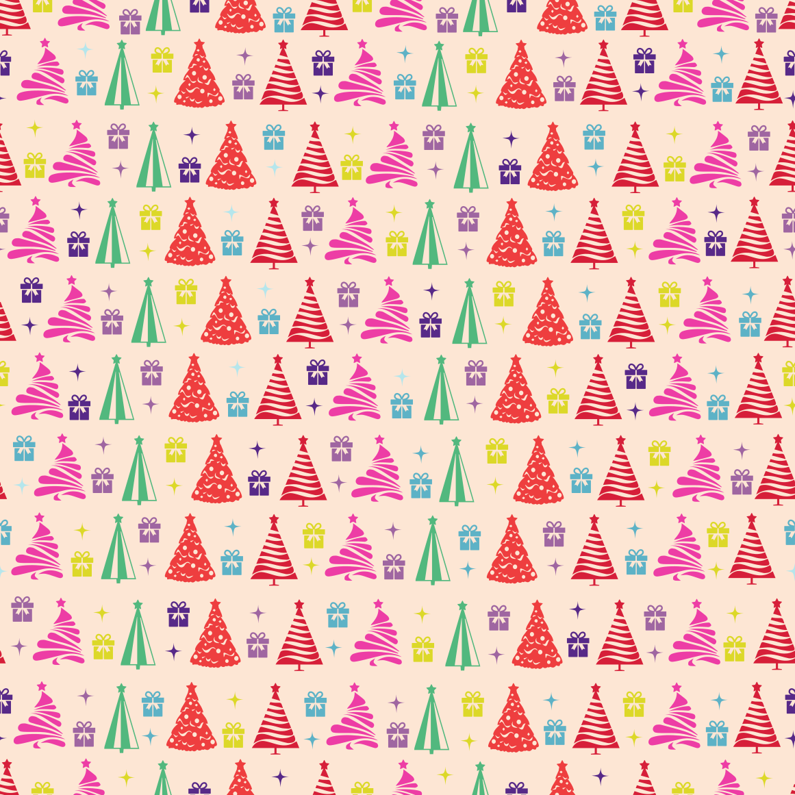 Colorful Christmas Trees, Gifts and Stars Adhesive Vinyl Pattern