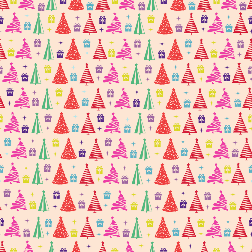 Colorful Christmas Trees, Gifts and Stars Adhesive Vinyl Pattern