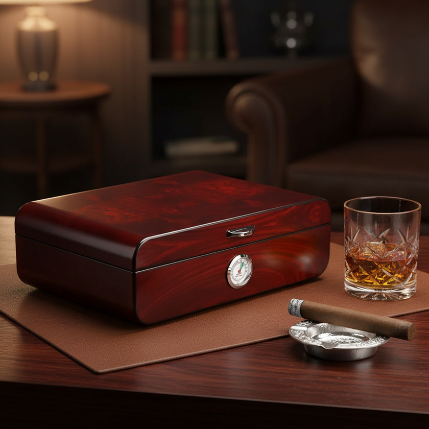 Cedar Wood Cigar Humidor Box – 48 Cigar Capacity | Red & Ebony