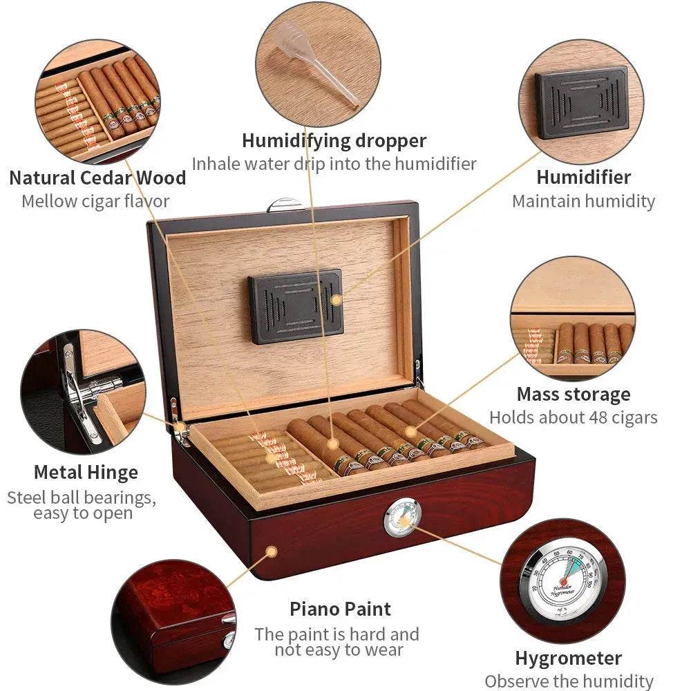 Cedar Wood Cigar Humidor Box – 48 Cigar Capacity | Red & Ebony