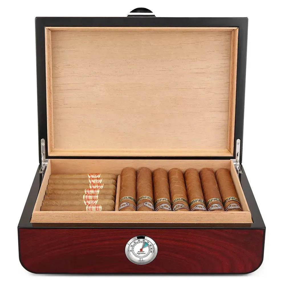 Cedar Wood Cigar Humidor Box – 48 Cigar Capacity | Red & Ebony