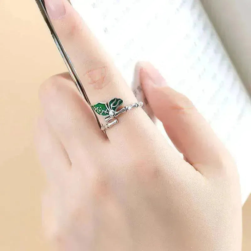 Colorful stylish and simple Enamel Bamboo Butterfly Copper Plated Silver Ring
