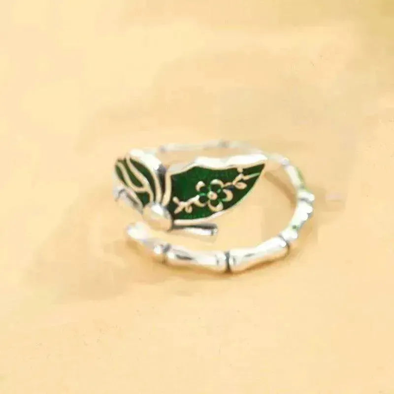 Colorful stylish and simple Enamel Bamboo Butterfly Copper Plated Silver Ring