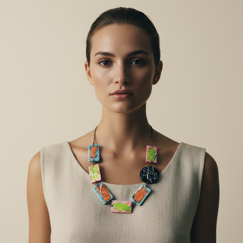 Bold Colorful Beaded Statement Necklace- Paint Spalsh