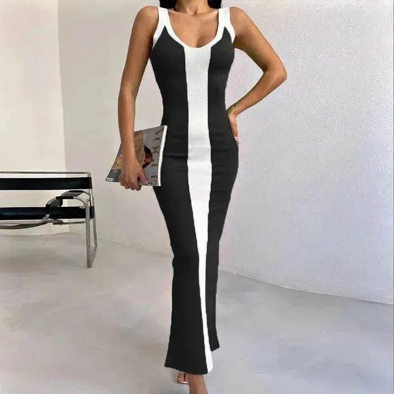 Contrast Color Knitted Mid-length Tight Braces Dress Women