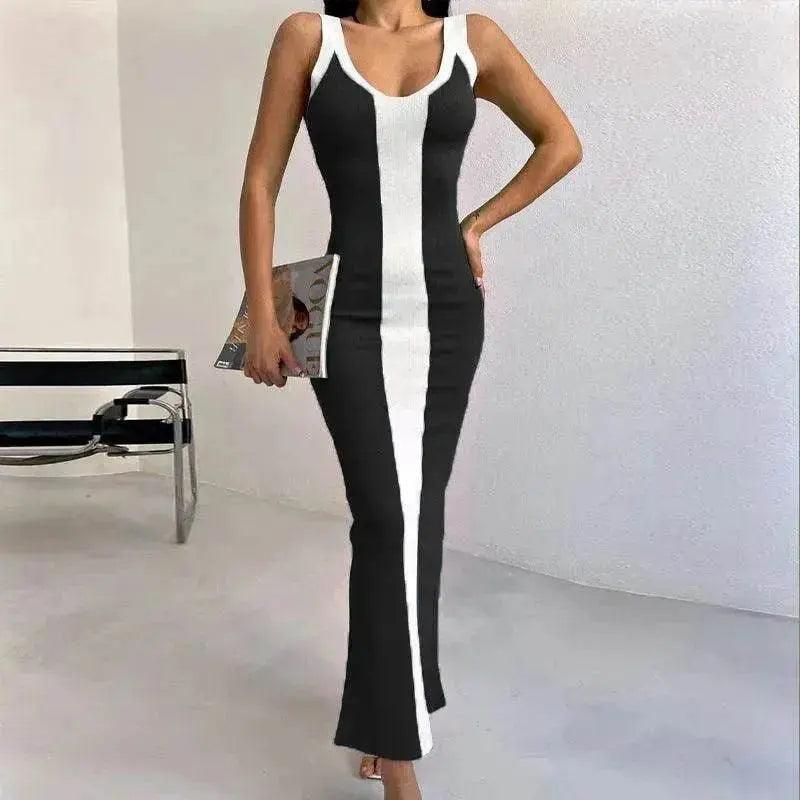 Contrast Color Knitted Mid-length Tight Braces Dress Women