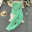 Contrast Color Suit Women's Long Sleeve V-neck Lace-up Knitwear Draping Wide Leg Trousers Two-piece Set