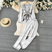 Contrast Color Suit Women's Long Sleeve V-neck Lace-up Knitwear Draping Wide Leg Trousers Two-piece Set